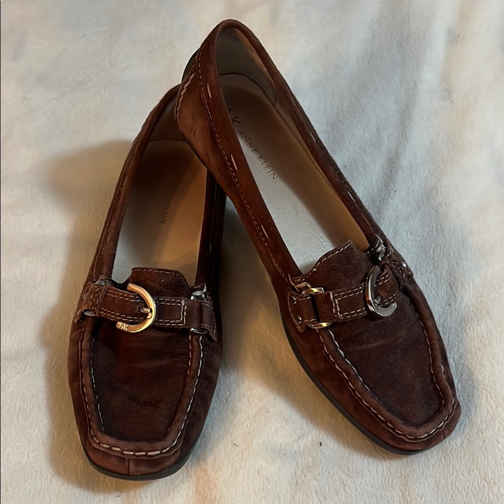 Gently worn Anne Klein Brown Suede Loafers with Horsebit Detail